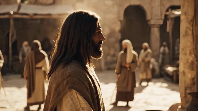 A cinematic profile of Jesus Christ in an ancient biblical town. Historical depiction of the messiah in a sunlit marketplace. Faith and spirituality concept