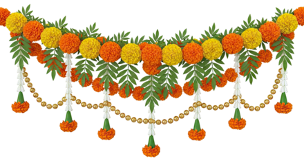 Marigold Flower Garland with Beads and Leaves