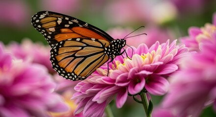 Fototapeta premium ピンクの菊の花に止まるオレンジ色のオオカバマダラ