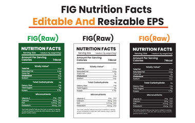 Nutrition facts labels displayed in various colors and formats on a clean white background showcasing editable and resizable design elements