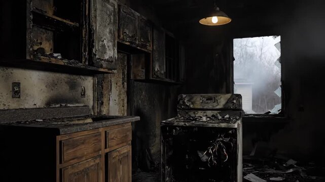 Abandoned Kitchen After Fire - This video depicts a grim scene of an abandoned kitchen that has suffered extensive fire damage.