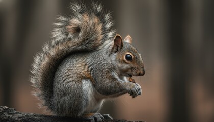 Obraz premium Grey squirrel eating nut on tree branch