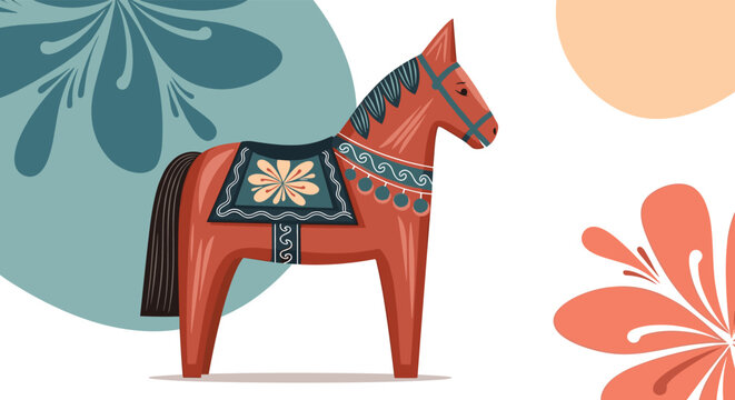 Swedish Dala horse ornament illustration featuring traditional folk art patterns on a red wooden toy horse figurine.