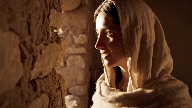 A biblical woman representing the Virgin Mary looking out a window. A historical reenactment of a young woman in ancient clothing smiling with faith and hope.