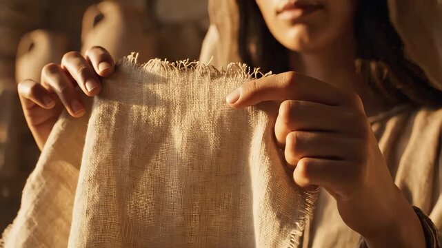 Mary, a young ancient biblical woman, gently holding a simple piece of linen cloth. Her fingers slowly move along the fabric in a rustic home. A cinematic depiction of faith and history
