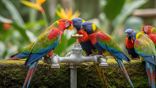 Parrots gathering around a water fountain