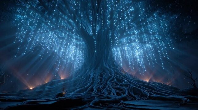 Cinematic 3D animation of a magical glowing tree of life with blue bioluminescent leaves and hanging lights in a dark mystical forest at night