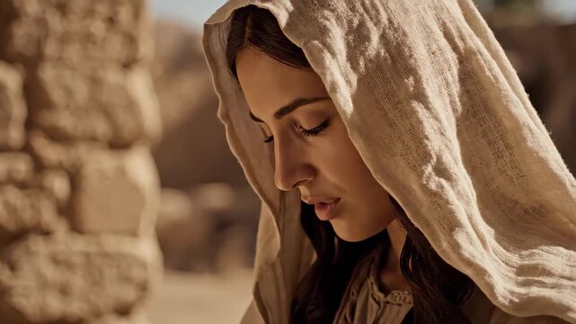 A close-up of the Virgin Mary praying in a biblical setting. A young historical woman showing devotion and faith. Ancient religious reenactment