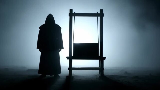Mysterious Figure Silhouette Against Foggy Background - A shadowy figure in a dark cloak stands ominously before a guillotine in a foggy environment.