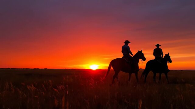 Silhouetted Cowboys Riding into the Sunset - Two cowboys on horseback ride through a golden field against a stunning sunset backdrop.