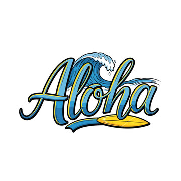 Tropical Aloha Text Graphic with Ocean Wave and Surfboard Illustration for Summer Vacation Design