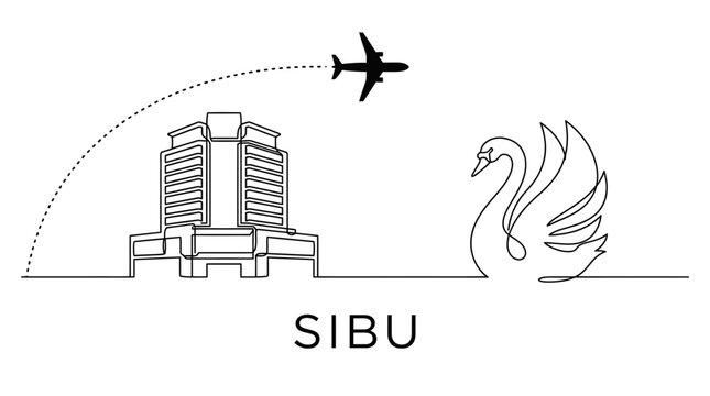 Sibu city landmarks with swan and airplane vector line art