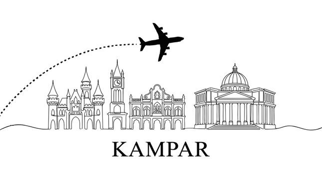 Kampar city landmarks with airplane flying travel vector illustration