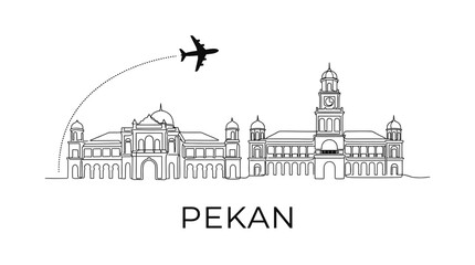 Obraz premium Pekan Malaysia city skyline with airplane line art vector