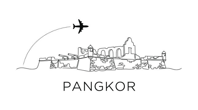 Pangkor Dutch Fort landmark with airplane travel vector illustration