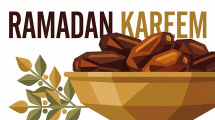 Ramadan Kareem greeting card illustration featuring a bowl of traditional dates and geometric foliage design element on white background