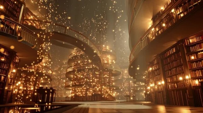 Cinematic 3D animation of a magical grand library with towering bookshelves and thousands of glowing golden fairy lights floating in a mystical hall