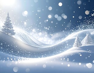 A serene snowy landscape with pine trees and falling snow