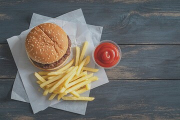 Classic burger with french fries and ketchup