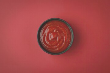 Small bowl of tomato sauce on red background