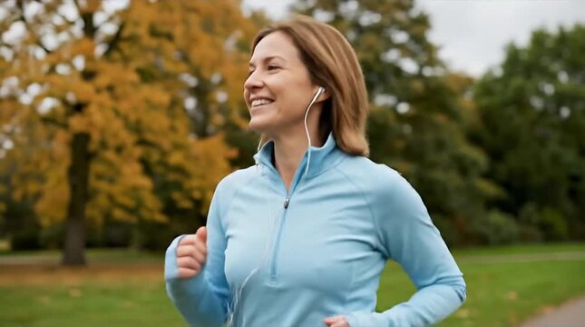 Happy woman jogging with earphones in an autumn park, enjoying a healthy outdoor workout during fall season