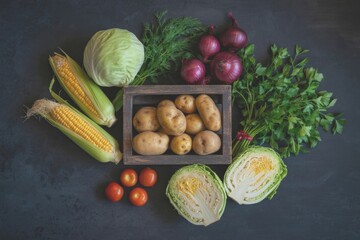 Fresh vegetables in a rustic wooden box