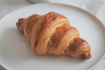 Single golden brown croissant on a white plate