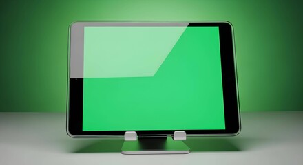 "Tablet with Green Screen on Stand &ndash; Upright Device Setup for Chroma Key Editing and Digital Media Production"