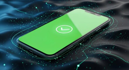 "Smartphone with Glowing Clock Icon &ndash; Futuristic Wireless Charging Scene on Digital Surface with Blue Highlights"