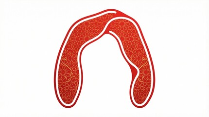 Obraz premium Luxurious golden geometric arch frame featuring traditional red Islamic patterns elegant design element for Ramadan Kareem Eid Al Fitr backgrounds and religious celebration greetings