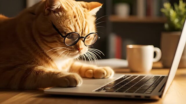 Adorable ginger tabby cat wearing small round eyeglasses intently focuses on typing or operating a silver laptop computer for work or study purposes.