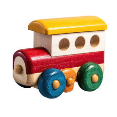 Colorful wooden toy train with curved front and rounded wheels