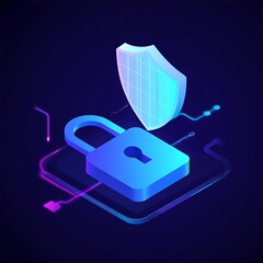 Neon blue padlock and shield with glowing lines on dark background  cybersecurity concept