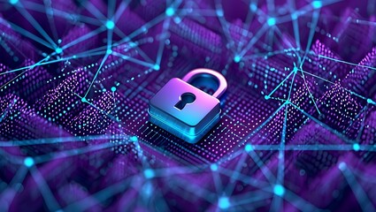 Purple background with blue lines and a metallic padlock  cybersecurity concept