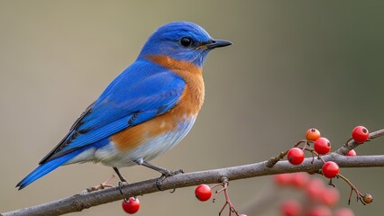 Obraz premium Blue bird perched on branch with berries