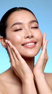Fair-Skinned Woman with Natural Makeup Smiling Contentedly on Light Blue Background for Beauty Advertisements and Skin
