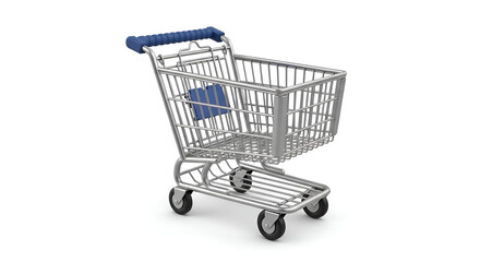 Empty shopping cart in modern minimalist style with blue handle on white background for e-commerce