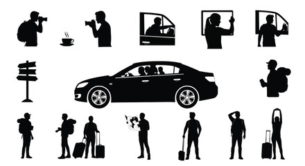 Traveling people and car silhouette