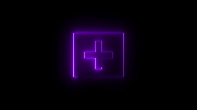 orange neon plus sign inside a square outline animation on a black background, medical, healthcare, addition, solution, or positive concept