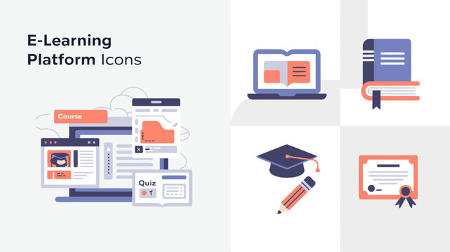this image showcases various icons representing elements of an e learning platform including laptops books mobile devices graduation caps and certificates high quality professional detailed modern