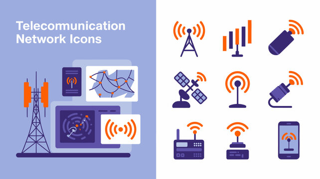 a curated collection of telecommunication network icons depicting cellular towers mobile phones routers and signal strength indicators in a modern style high quality professional detailed elegant