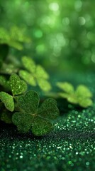 Shamrock background with glitter and bokeh for St. Patrick's Day, vertical photo