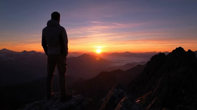 Mountain Sunrise Reflection - A silhouette of a person standing on a rocky outcrop, gazing at a breathtaking sunrise over distant mountains.