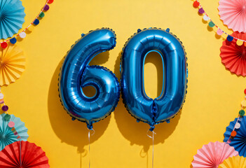 Blue number 60 balloons with festive decorations on yellow background