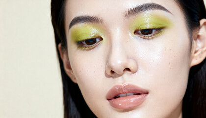 Closeup portrait of a young woman with dewy skin and green eyeshadow