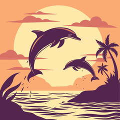 Naklejka premium Dolphins leaping at sunset