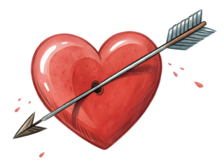 Pierced heart with arrow in romantic illustration style with bold red color and dramatic lighting for valentines day greeting card