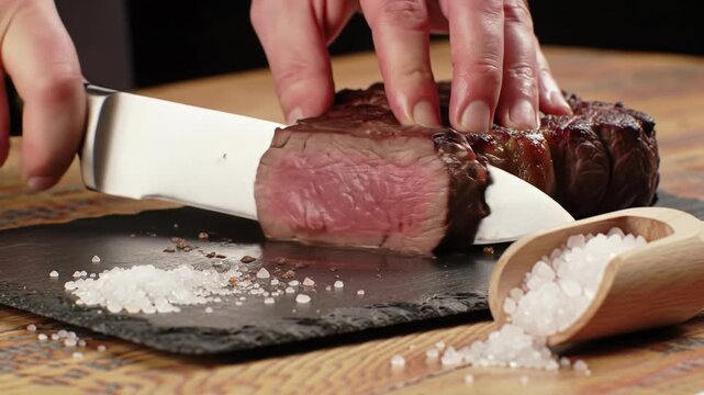 Extreme close-up macro video: skilled hand precisely slicing a medium-rare red meat steak on a slate board, sea salt, rustic wooden table, culinary artistry concept
