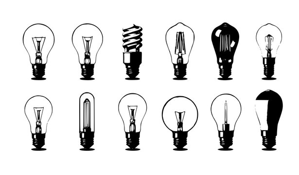 Realistic light bulb vector set: LED, incandescent, CFL, filament, and decorative lamps
