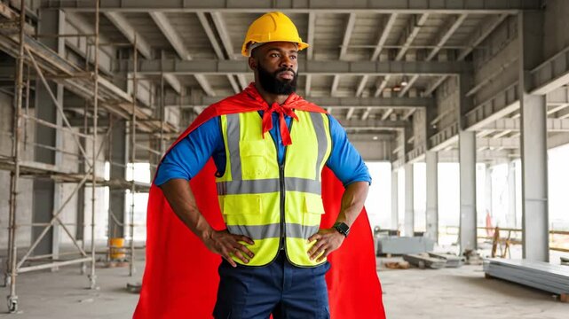 Construction Worker Superhero Posing at Job Site - A construction worker dressed as a superhero stands confidently in an unfinished building.